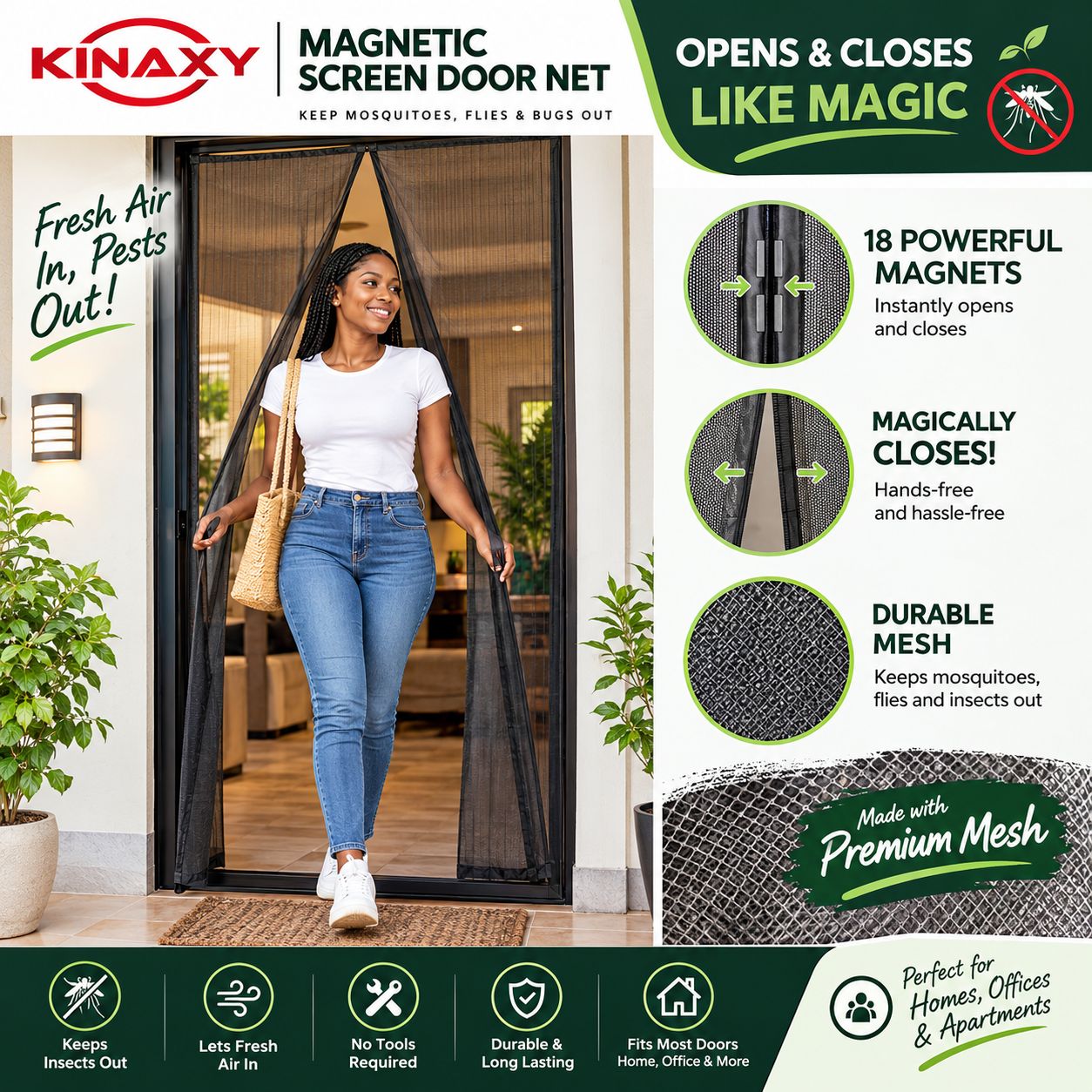 Kinaxy magnetic screen door fitted in a doorway